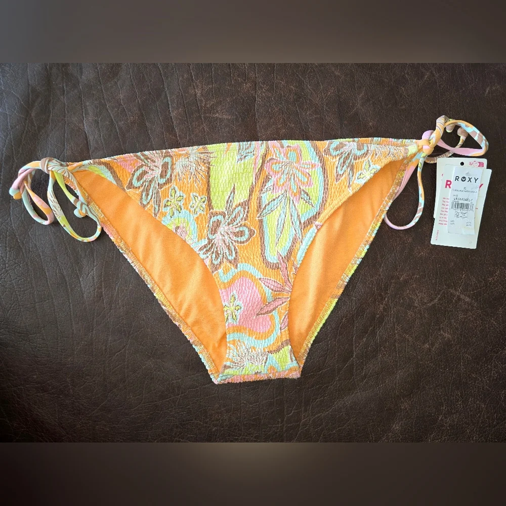 NWT ROXY Floradelic Smocked Side Tie Bikini Bottoms In Mock Orange Delic Size XL - Picture 3 of 7